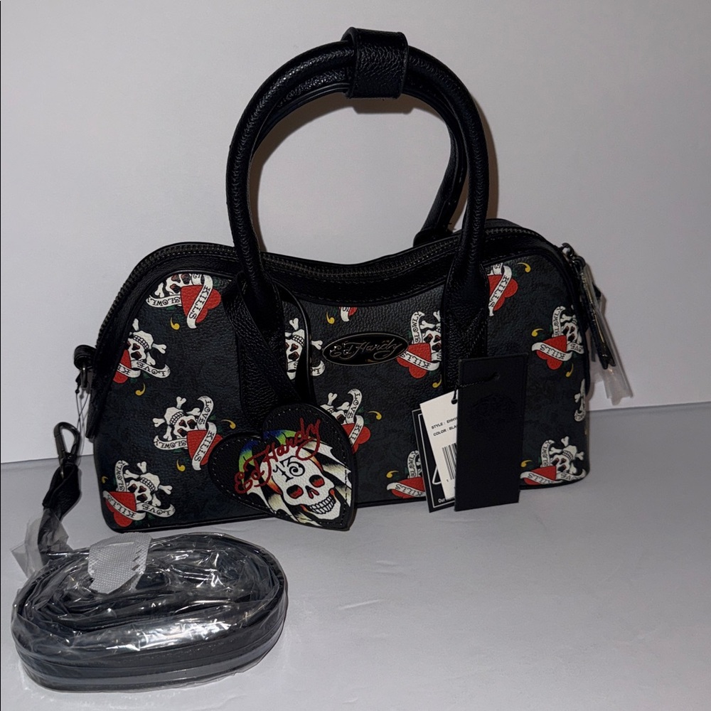 NWT Ed Hardy Love Kills Slowly Heart Skull Bones 13 Handbag Purse Black Red - Picture 1 of 9